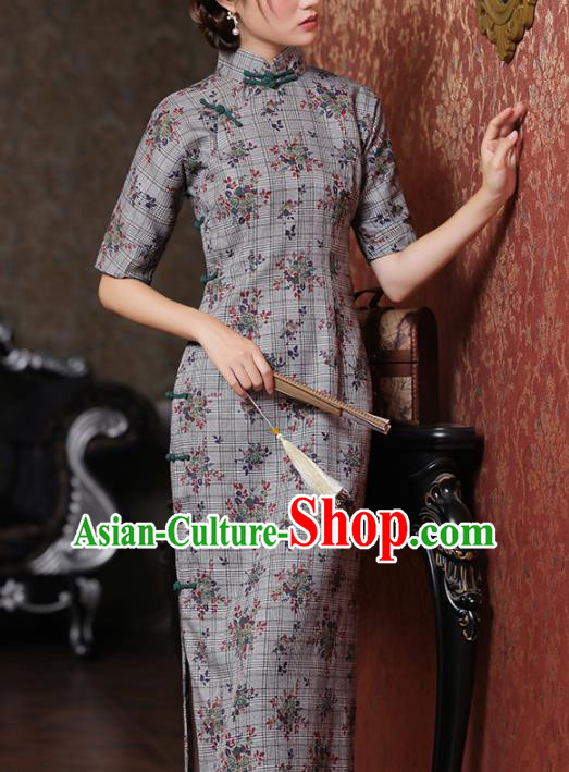 Chinese National Young Lady Costume Classical Printing Grey Qipao Dress Traditional Old Shanghai Cheongsam