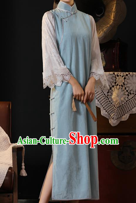 Chinese Traditional Old Shanghai Light Blue Cheongsam National Young Lady Costume Classical Lace Sleeve Qipao Dress
