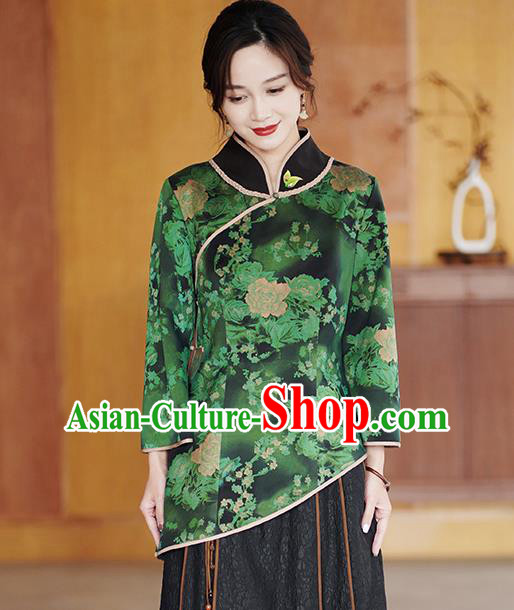 China National Gambiered Guangdong Gauze Shirt Traditional Tang Suit Green Silk Blouse