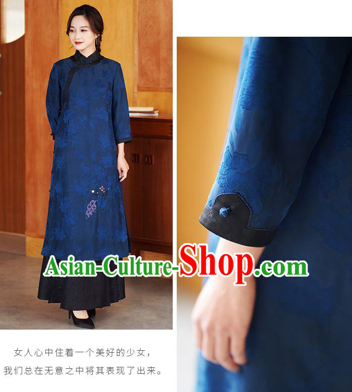 Chinese Traditional Gambiered Guangdong Gauze Costume Classical Cheongsam Classical Blue Silk Qipao Dress