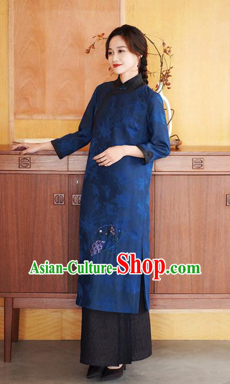 Chinese Traditional Gambiered Guangdong Gauze Costume Classical Cheongsam Classical Blue Silk Qipao Dress