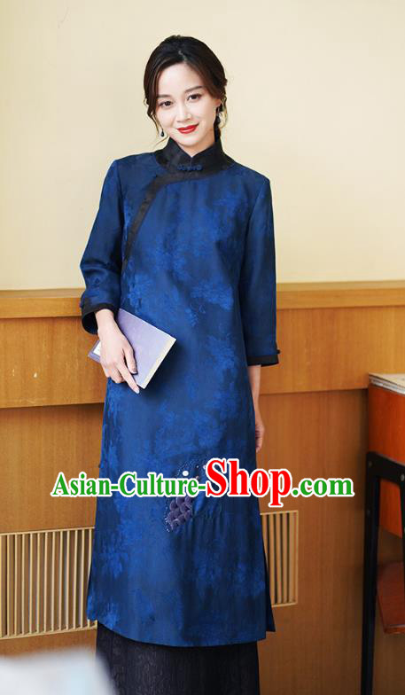 Chinese Traditional Gambiered Guangdong Gauze Costume Classical Cheongsam Classical Blue Silk Qipao Dress