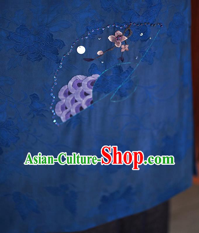 Chinese Traditional Gambiered Guangdong Gauze Costume Classical Cheongsam Classical Blue Silk Qipao Dress