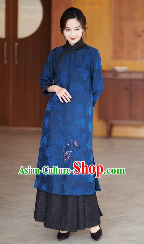 Chinese Traditional Gambiered Guangdong Gauze Costume Classical Cheongsam Classical Blue Silk Qipao Dress