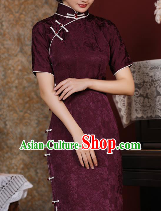 Chinese Traditional Purple Cheongsam National Shanghai Mistress Costume Classical Jacquard Silk Qipao Dress