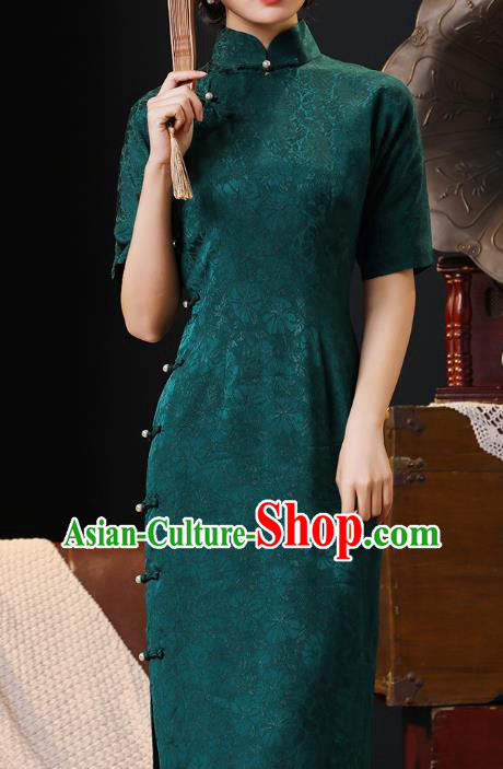 Chinese Classical Deep Green Qipao Dress National Shanghai Lady Costume Traditional Jacquard Silk Cheongsam