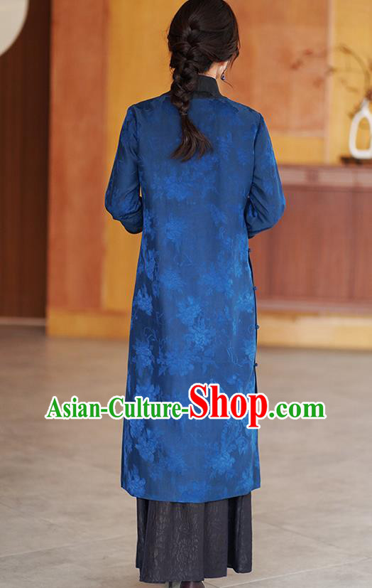 Chinese Traditional Gambiered Guangdong Gauze Costume Classical Cheongsam Classical Blue Silk Qipao Dress