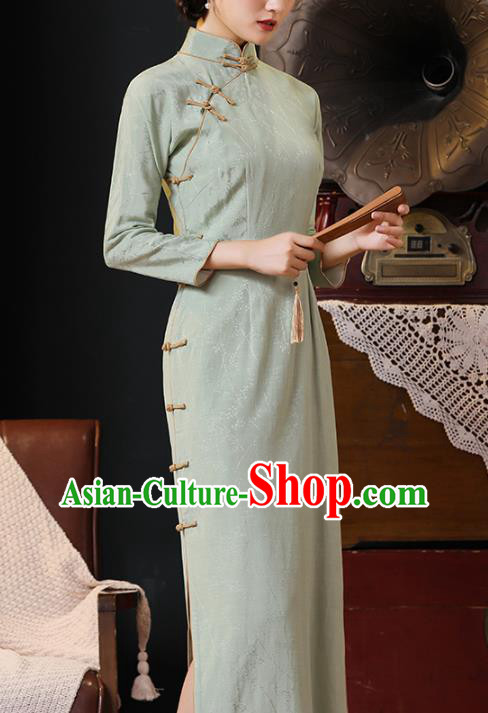 Chinese Traditional Light Green Flax Cheongsam Classical Qipao Dress National Shanghai Lady Costume