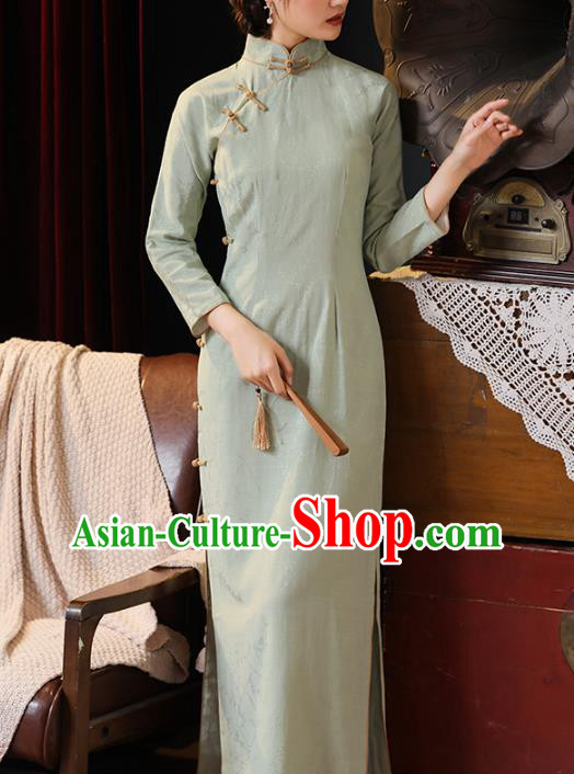Chinese Traditional Light Green Flax Cheongsam Classical Qipao Dress National Shanghai Lady Costume