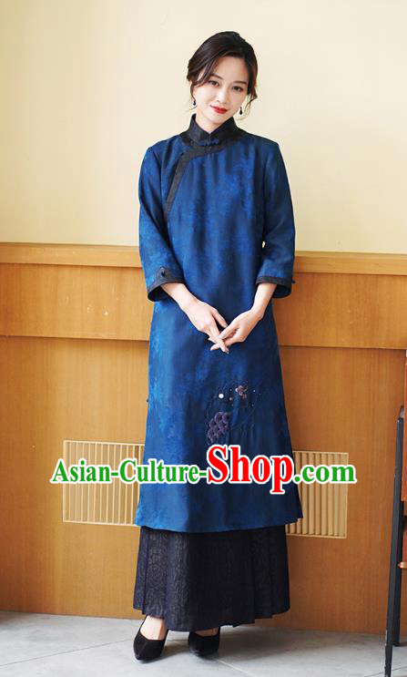 Chinese Traditional Gambiered Guangdong Gauze Costume Classical Cheongsam Classical Blue Silk Qipao Dress