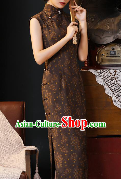 Chinese Traditional Brown Cotton Cheongsam National Young Woman Costume Classical Sleeveless Qipao Dress