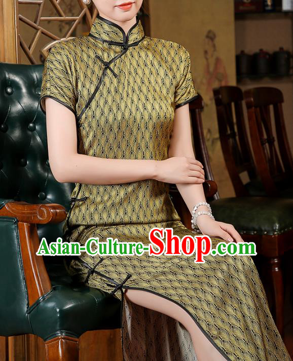 Chinese Classical Golden Silk Qipao Dress National Shanghai Woman Costume Traditional Slant Opening Cheongsam