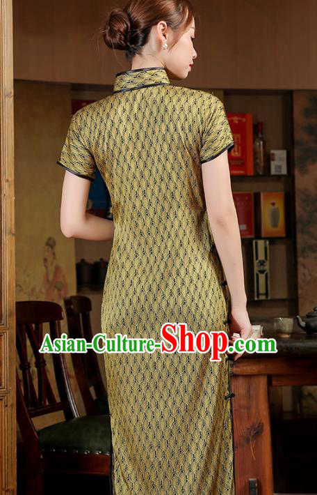 Chinese Classical Golden Silk Qipao Dress National Shanghai Woman Costume Traditional Slant Opening Cheongsam