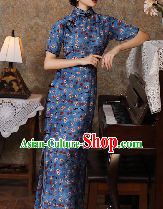 Chinese Classical Printing Blue Qipao Dress Traditional Dance Cheongsam National Shanghai Lady Costume