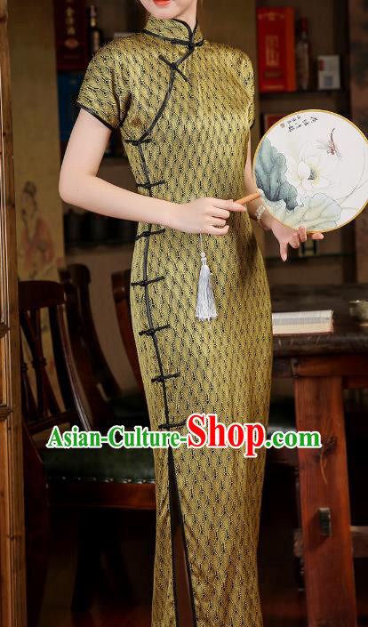 Chinese Classical Golden Silk Qipao Dress National Shanghai Woman Costume Traditional Slant Opening Cheongsam