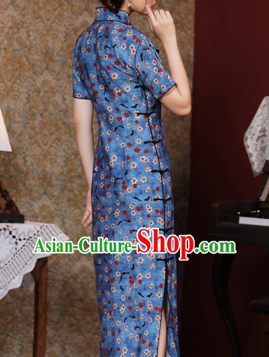 Chinese Classical Printing Blue Qipao Dress Traditional Dance Cheongsam National Shanghai Lady Costume