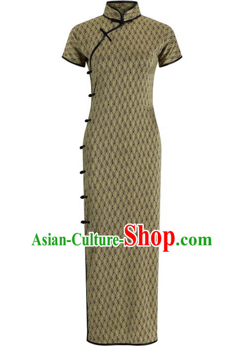 Chinese Classical Golden Silk Qipao Dress National Shanghai Woman Costume Traditional Slant Opening Cheongsam