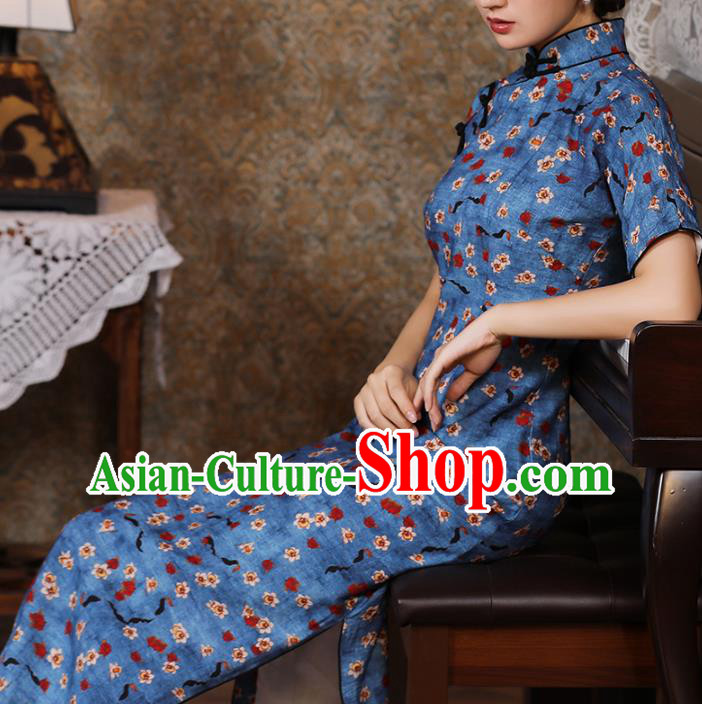 Chinese Classical Printing Blue Qipao Dress Traditional Dance Cheongsam National Shanghai Lady Costume