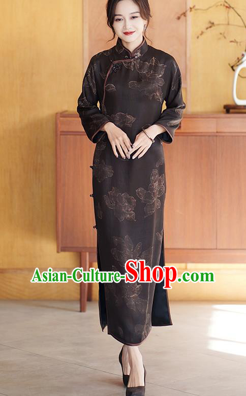 Chinese Classical Brown Silk Qipao Dress Traditional Gambiered Guangdong Gauze Costume Cheongsam