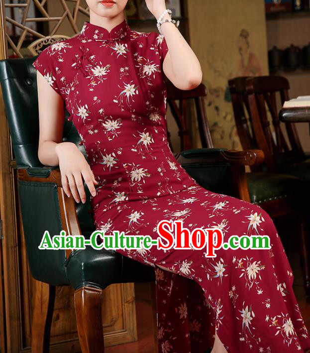 Chinese Classical Printing Wine Red Qipao Dress National Shanghai Woman Costume Traditional Cheongsam