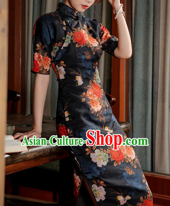 Chinese Traditional Printing Peony Black Ramie Cheongsam Classical Qipao Dress National Shanghai Woman Costume