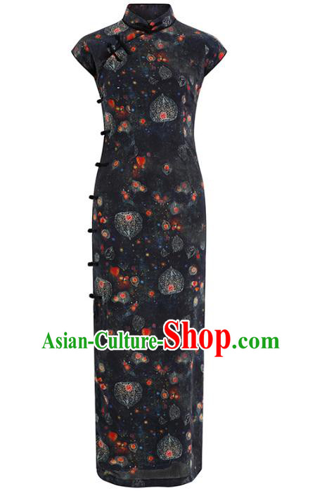 Chinese Classical Qipao Dress National Shanghai Beauty Costume Traditional Printing Black Ramie Cheongsam