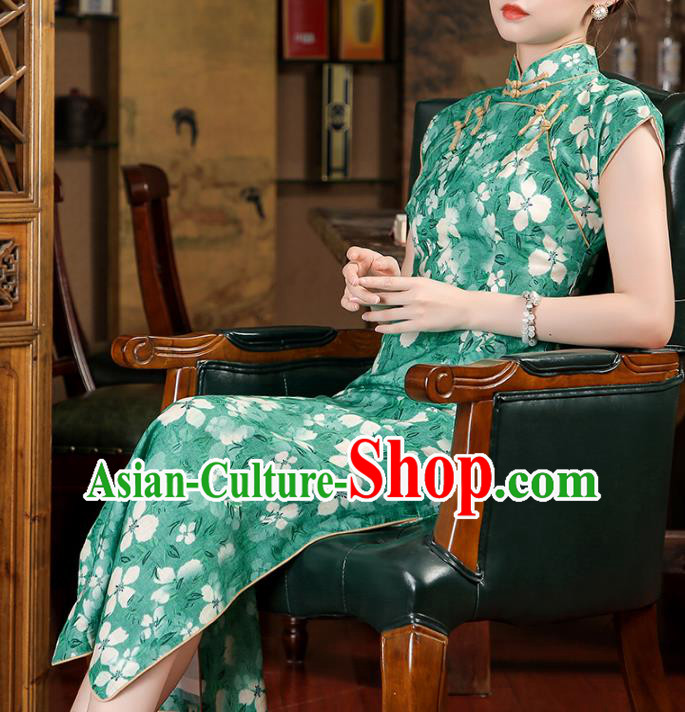 Chinese Classical Young Lady Qipao Dress Traditional Printing Green Ramie Cheongsam Clothing