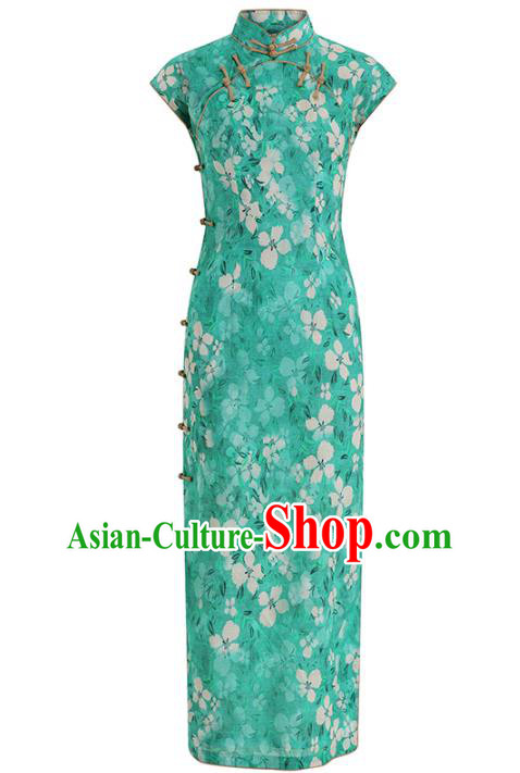 Chinese Classical Young Lady Qipao Dress Traditional Printing Green Ramie Cheongsam Clothing