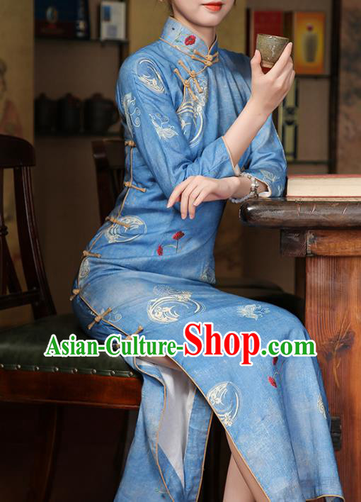 Chinese Traditional Printing Butterfly Orchids Cheongsam Clothing Classical Young Lady Blue Ramie Qipao Dress