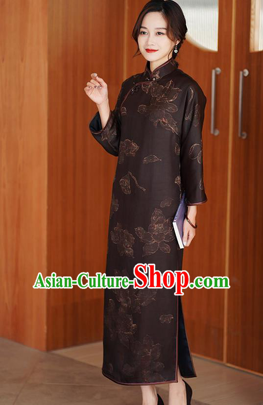 Chinese Classical Brown Silk Qipao Dress Traditional Gambiered Guangdong Gauze Costume Cheongsam