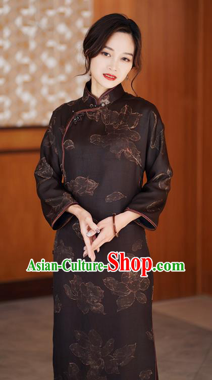 Chinese Classical Brown Silk Qipao Dress Traditional Gambiered Guangdong Gauze Costume Cheongsam