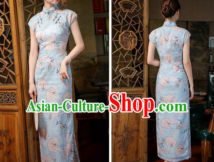 Chinese Classical Light Blue Ramie Qipao Dress Traditional Printing Palace Fans Cheongsam Clothing
