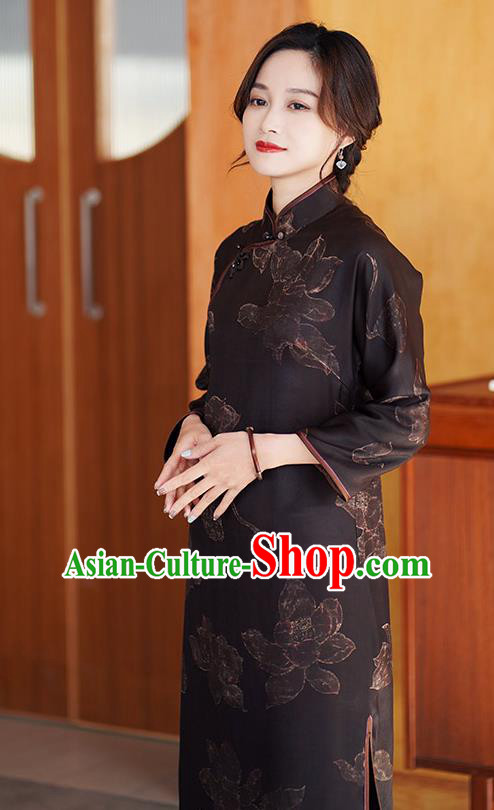 Chinese Classical Brown Silk Qipao Dress Traditional Gambiered Guangdong Gauze Costume Cheongsam
