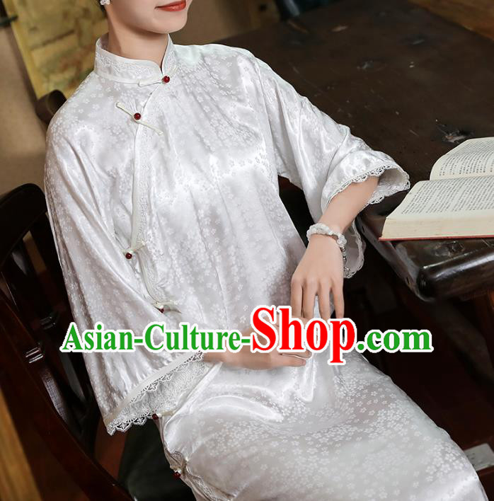 Chinese Classical Plum Pattern Qipao Dress Traditional Shanghai Mandarin Sleeve White Silk Cheongsam Clothing