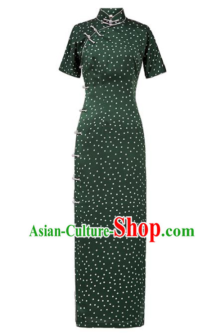 Chinese Classical Green Satin Qipao Dress Traditional Dance Cheongsam National Slant Opening Costume
