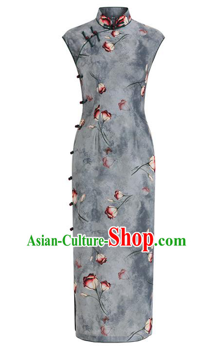 Chinese Classical Printing Tulip Qipao Dress Traditional Shanghai Green Chiffon Cheongsam Clothing