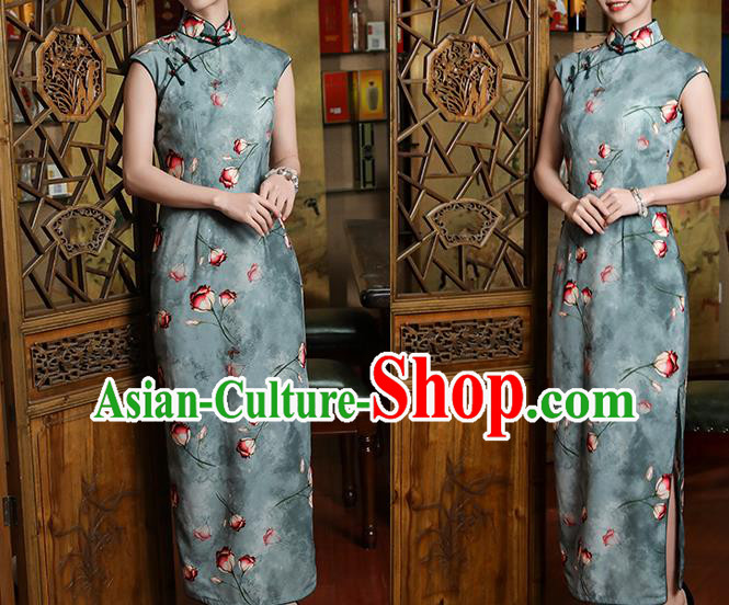 Chinese Classical Printing Tulip Qipao Dress Traditional Shanghai Green Chiffon Cheongsam Clothing