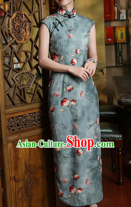 Chinese Classical Printing Tulip Qipao Dress Traditional Shanghai Green Chiffon Cheongsam Clothing