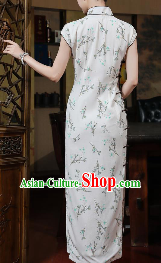 Chinese Traditional Shanghai Young Lady Cheongsam Clothing Classical Printing White Chiffon Qipao Dress