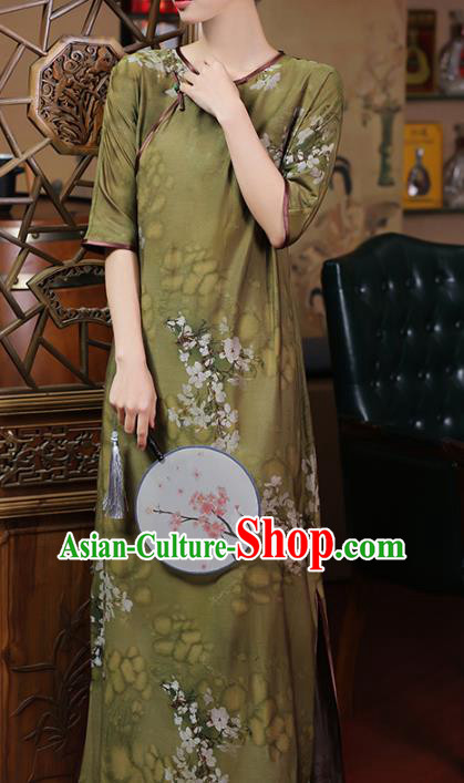 Chinese Traditional Olive Green Tencel Cheongsam Clothing Classical Printing Pear Blossom Qipao Dress