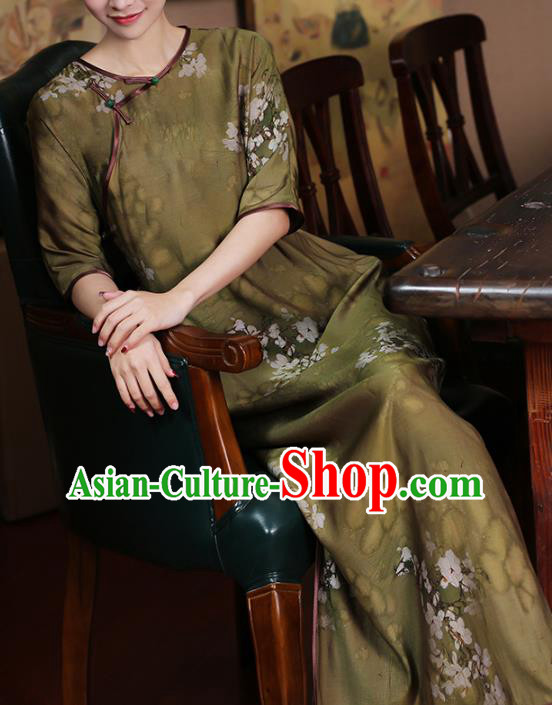 Chinese Traditional Olive Green Tencel Cheongsam Clothing Classical Printing Pear Blossom Qipao Dress
