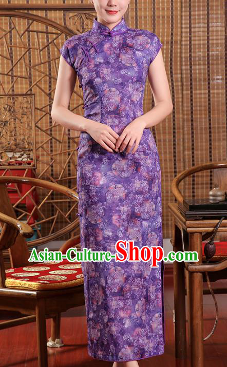 Chinese Classical Purple Flax Qipao Dress Traditional Shanghai Young Woman Cheongsam Clothing
