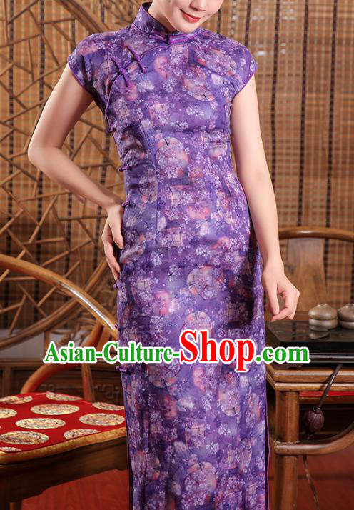 Chinese Classical Purple Flax Qipao Dress Traditional Shanghai Young Woman Cheongsam Clothing