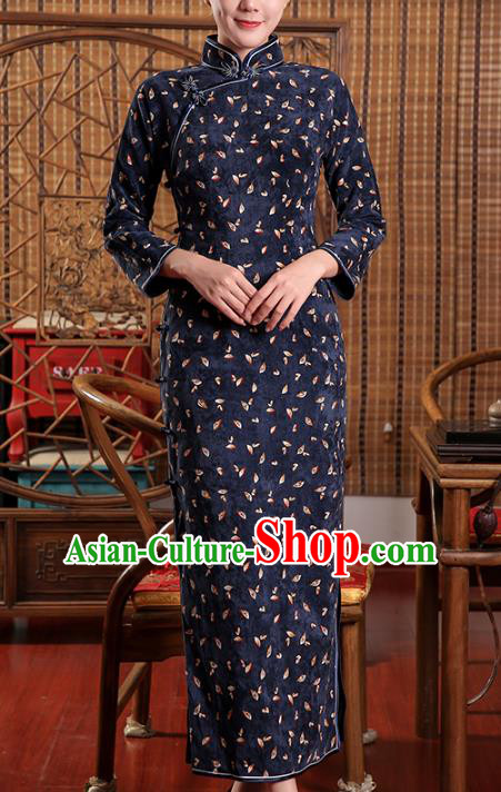Chinese Traditional Clothing Classical Dance Cheongsam Classical Navy Corduroy Qipao Dress