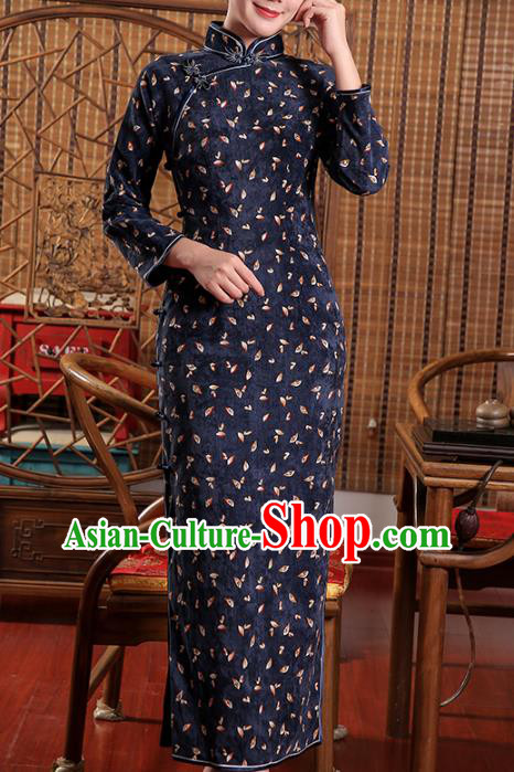 Chinese Traditional Clothing Classical Dance Cheongsam Classical Navy Corduroy Qipao Dress