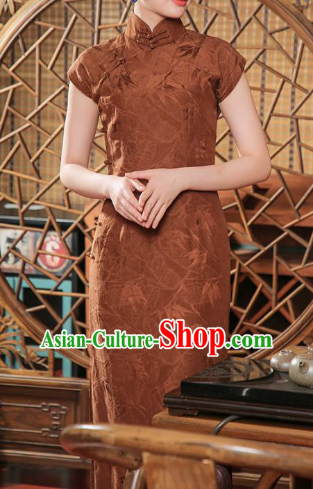Chinese Classical Brown Tencel Cheongsam Traditional Shanghai Young Beauty Qipao Dress Clothing
