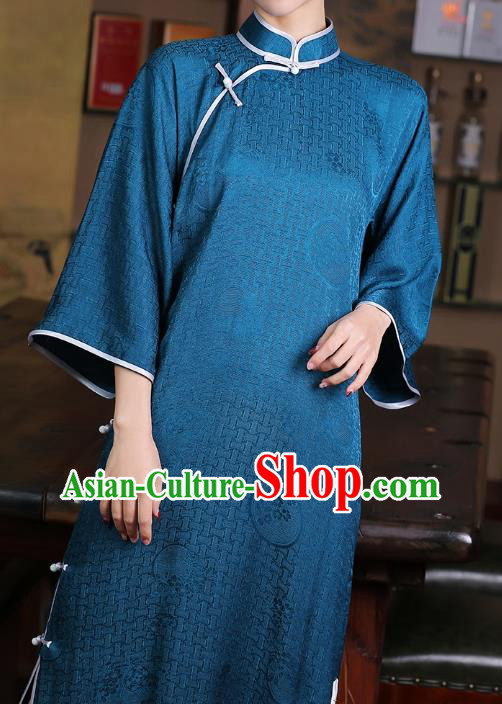 Chinese Traditional Mandarin Sleeve Cheongsam Clothing Classical Blue Silk Qipao Dress