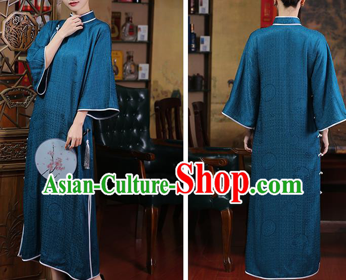 Chinese Traditional Mandarin Sleeve Cheongsam Clothing Classical Blue Silk Qipao Dress