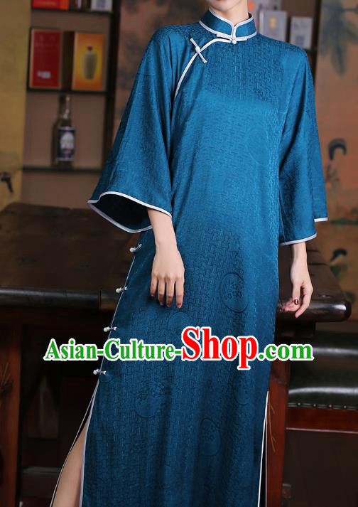 Chinese Traditional Mandarin Sleeve Cheongsam Clothing Classical Blue Silk Qipao Dress