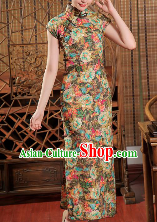 Chinese Traditional Printing Peony Flax Qipao Dress Clothing Classical Slant Opening Cheongsam